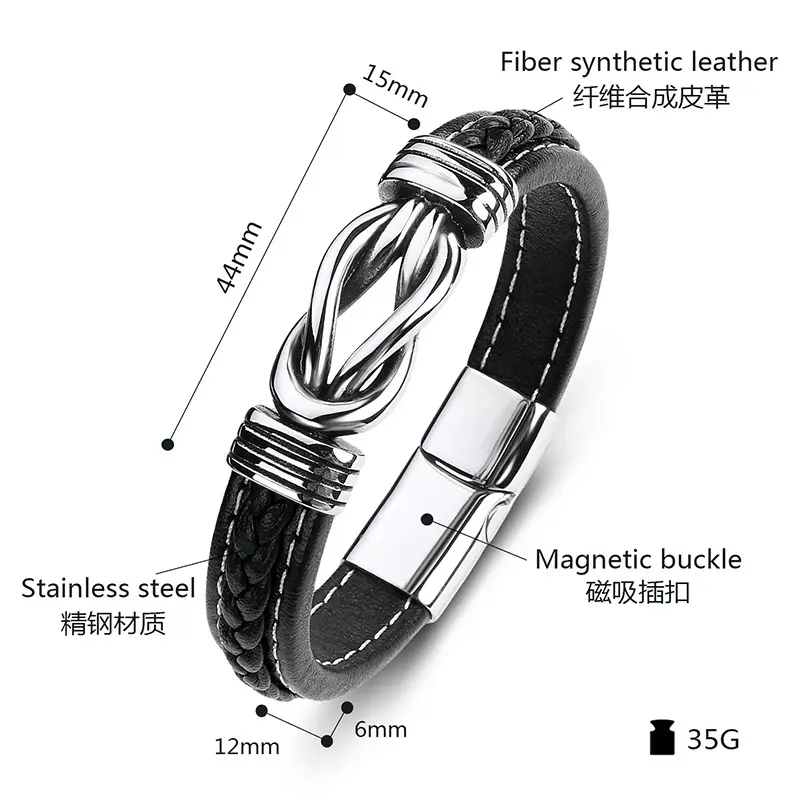 Black Leather Knot Bracelet for Men - Image 3