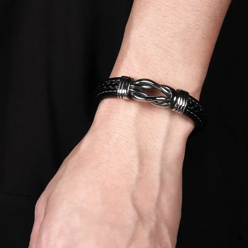 Black Leather Knot Bracelet for Men - Image 4