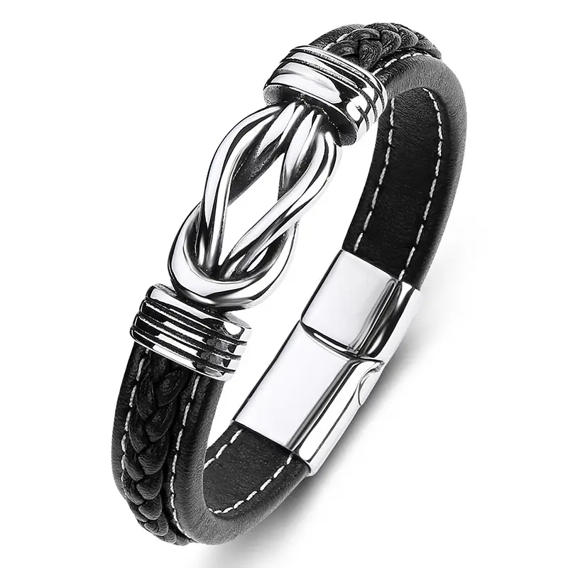 Black Leather Knot Bracelet for Men - Image 5