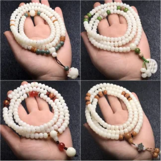 108 Bead Bracelet White Jade Bodhi Root with Lotus Pendant