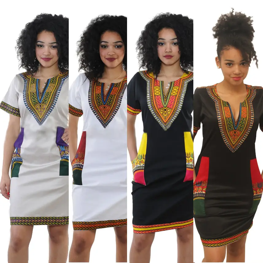 Women Printed Dashiki Dress with Pockets Black White Yellow