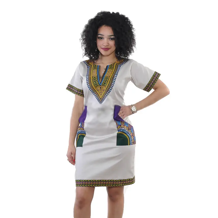 Women Printed Dashiki Dress with Pockets Black White Yellow - Image 2