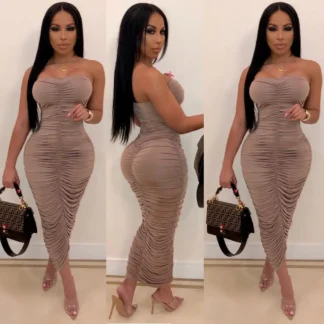Women Ruched Sexy Nightclub Dress Beige High Heels