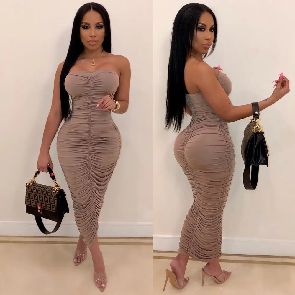 Women Ruched Sexy Nightclub Dress Beige High Heels - Image 2