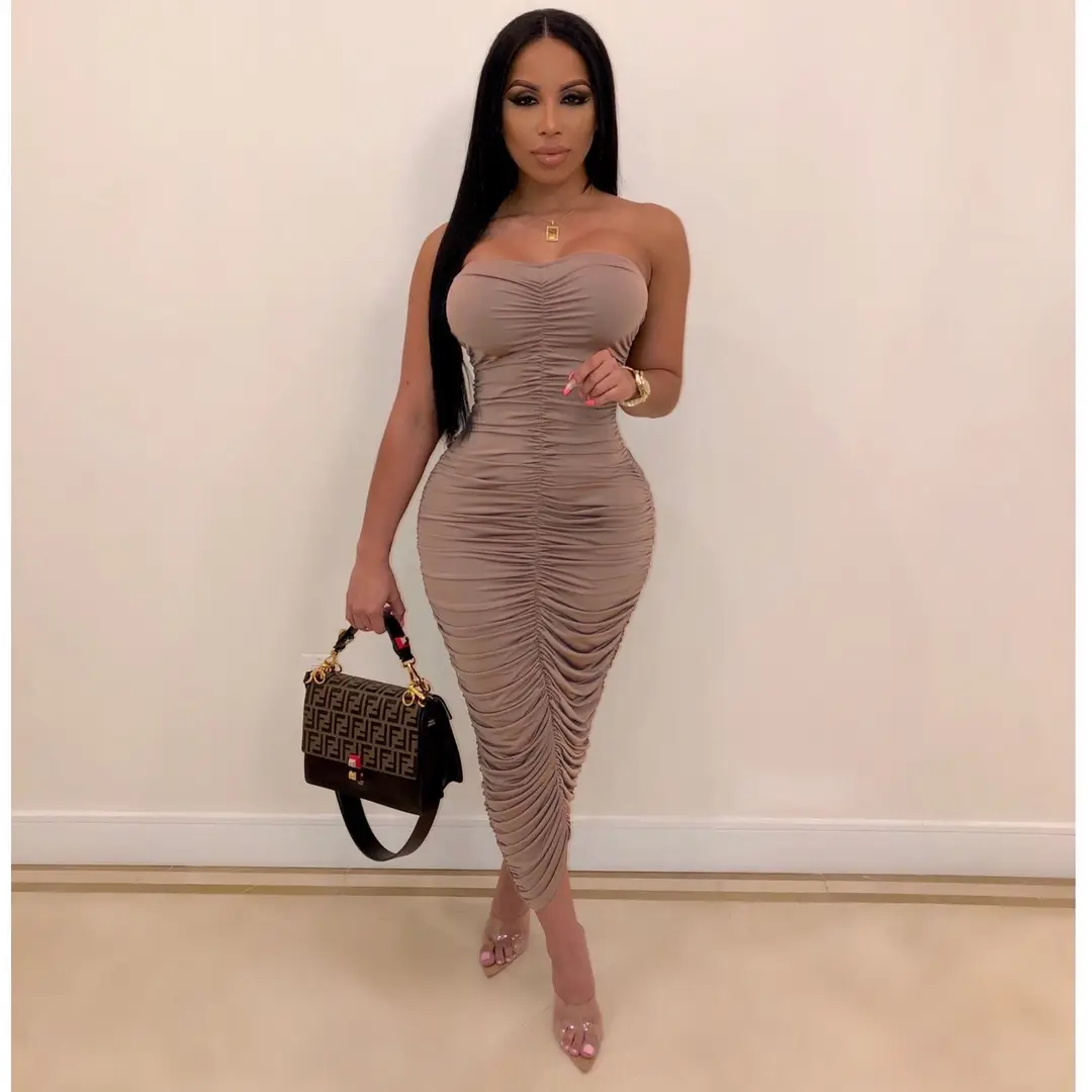 Women Ruched Sexy Nightclub Dress Beige High Heels - Image 3
