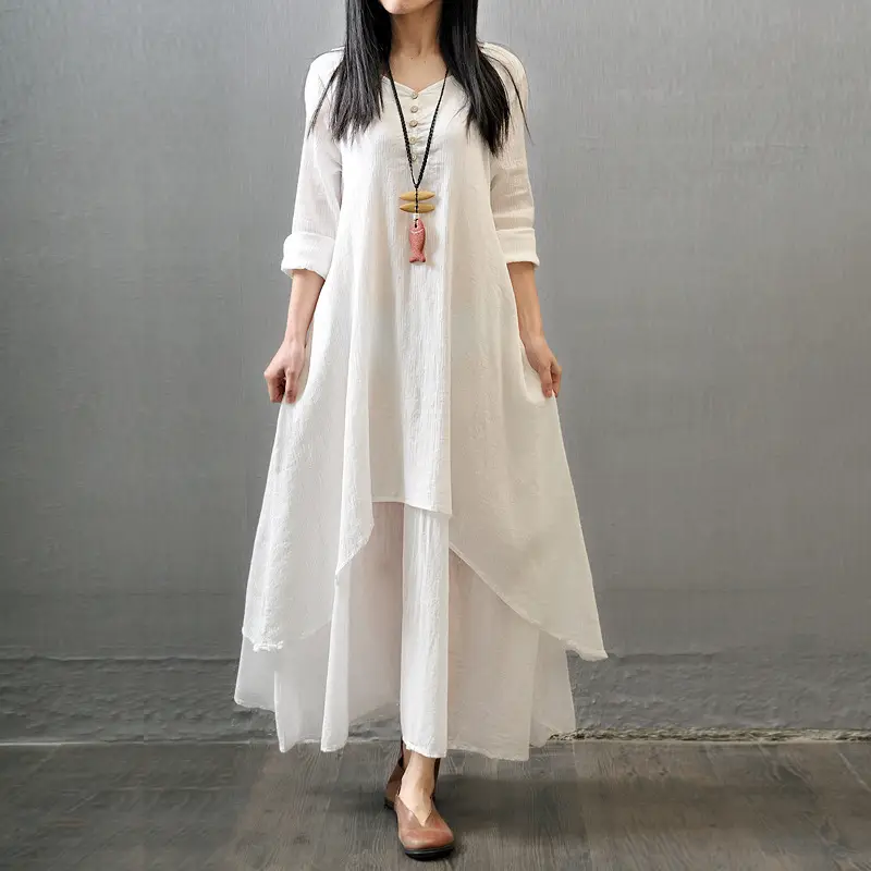 Women Linen Long Sleeve Swing Dress Autumn White Loose Fit - Image 2