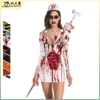 Women Halloween Nurse Costume Dress Bloody Short Skirt