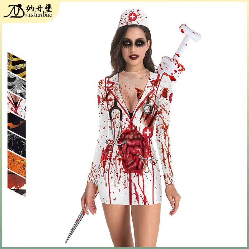 Women Halloween Nurse Costume Dress Bloody Short Skirt