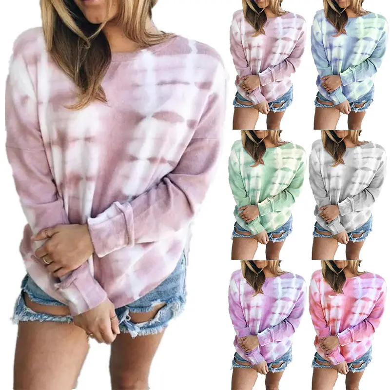 Women Tie-Dye Long Sleeve T-Shirt Gradient Pastel Casual Wear