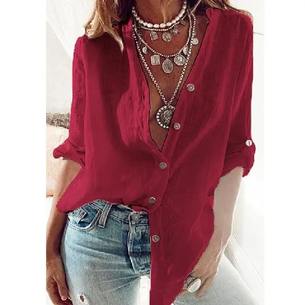 Women Loose V-Neck Cotton Shirt Multi Color - Image 2