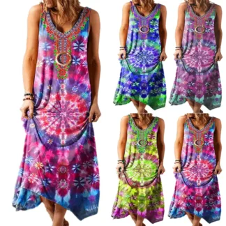 Women Ethnic Printed Loose Vest Dress Multi Color