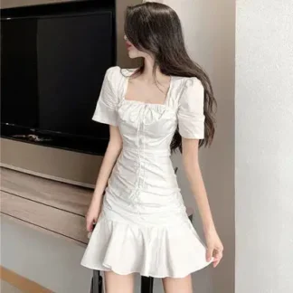Summer White Slim Fit Ruffled Dress with Fishtail Skirt
