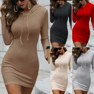 Women Hooded Long Sleeve Dress Red Grey Beige Winter Stylish