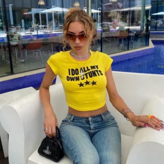 Women Letter Printed Navel T-Shirt Black Short Sleeve