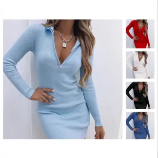 Women Autumn Long Sleeve Zipper Dress White High Waist