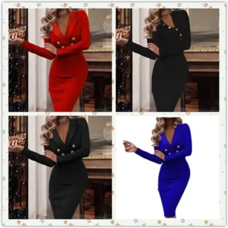 Women V-Neck Double-Breasted Suit Dress Red Winter