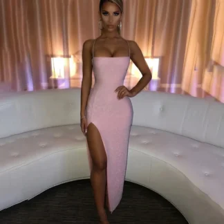Pink Glitter High Slit Suspender Dress for Women