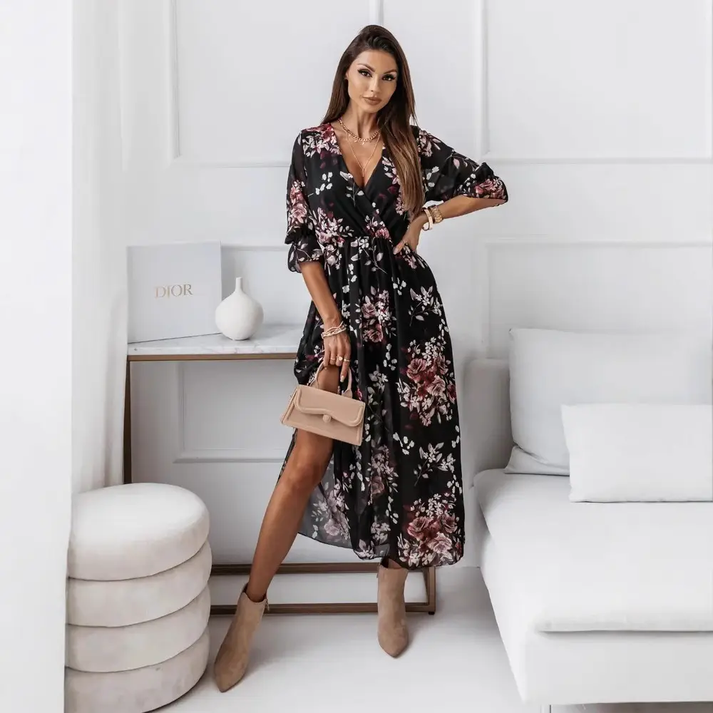 Women V Neck Chiffon Printed Side Slit Dress - Image 2