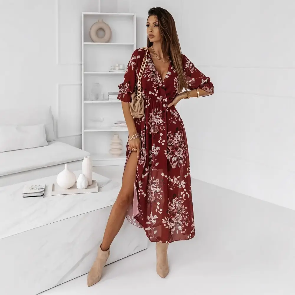 Women V Neck Chiffon Printed Side Slit Dress - Image 3