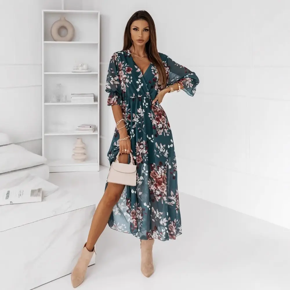 Women V Neck Chiffon Printed Side Slit Dress - Image 5