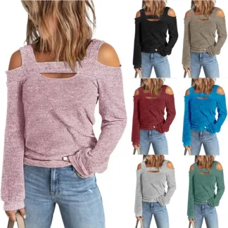 Women Loose Long Sleeve Off Shoulder T-Shirt Grey Winter