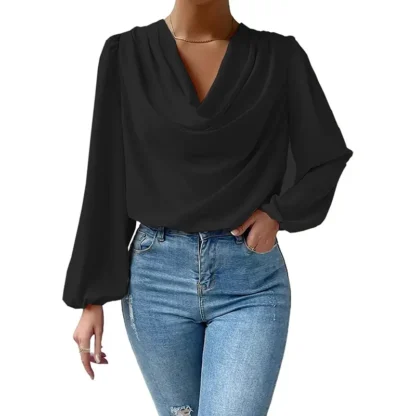 Women Chiffon Long Sleeve V-Neck Loose Top White