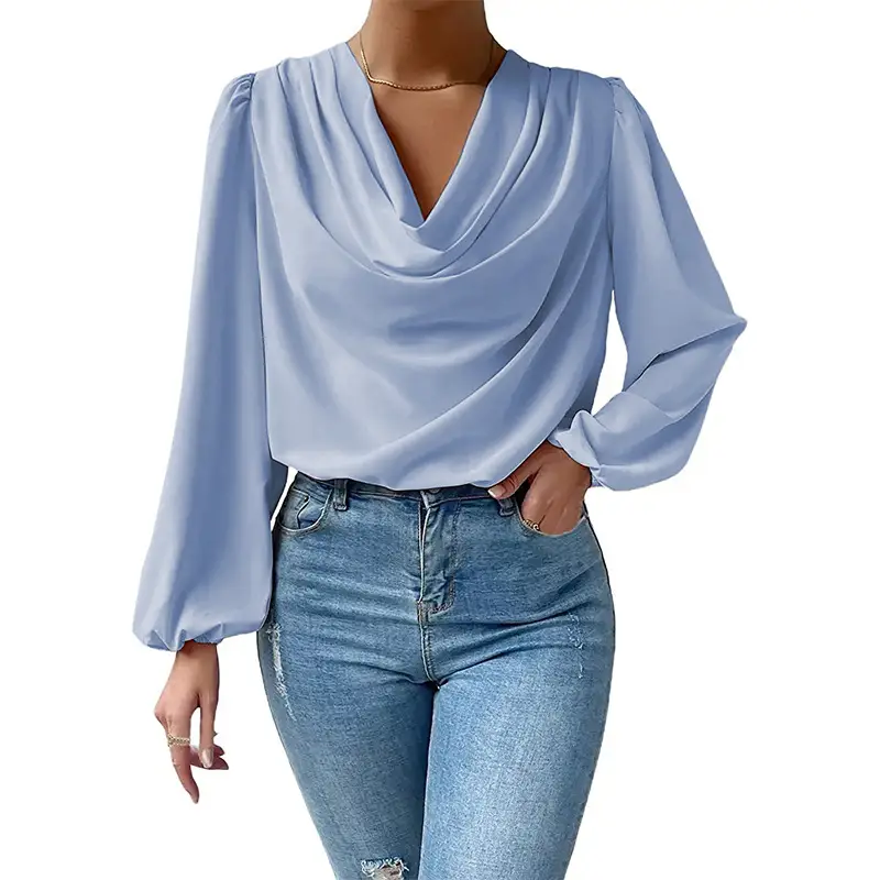 Women Chiffon Long Sleeve V-Neck Loose Top White - Image 3