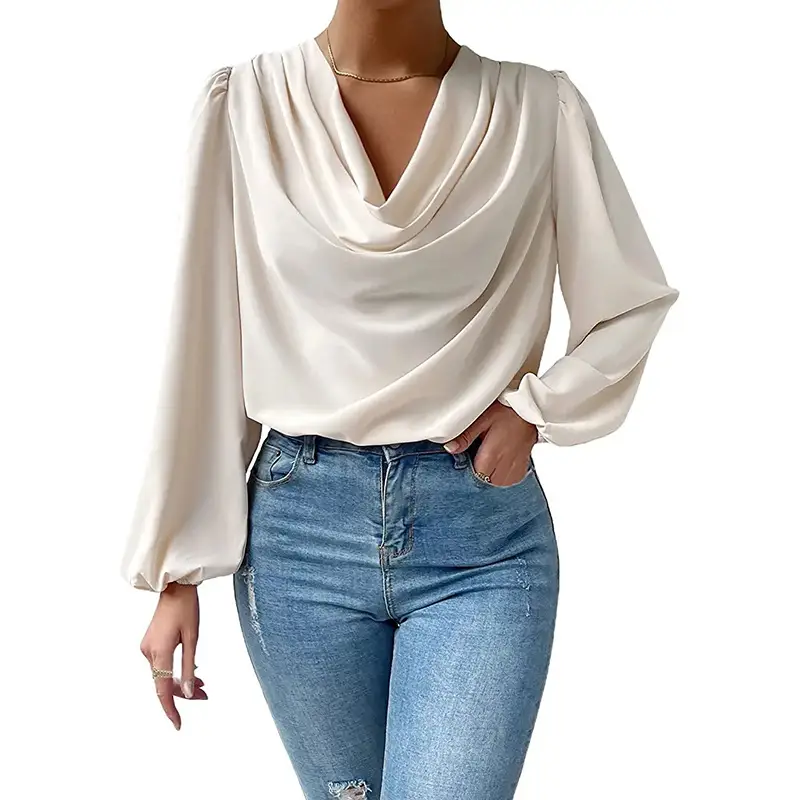 Women Chiffon Long Sleeve V-Neck Loose Top White - Image 4