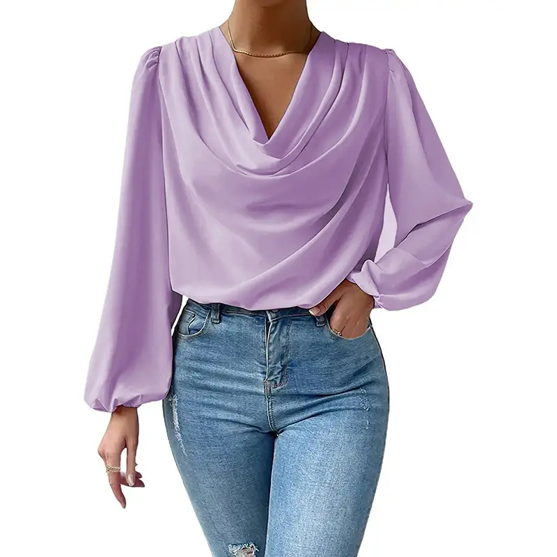 Women Chiffon Long Sleeve V-Neck Loose Top White - Image 5