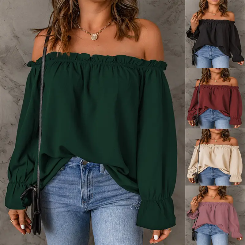 Women Off-Shoulder Chiffon Blouse Solid Color Long Sleeve