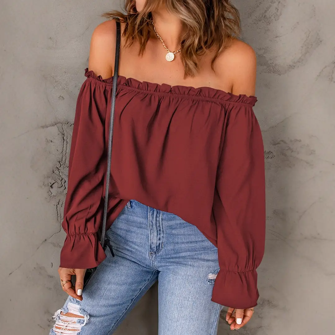 Women Off-Shoulder Chiffon Blouse Solid Color Long Sleeve - Image 2