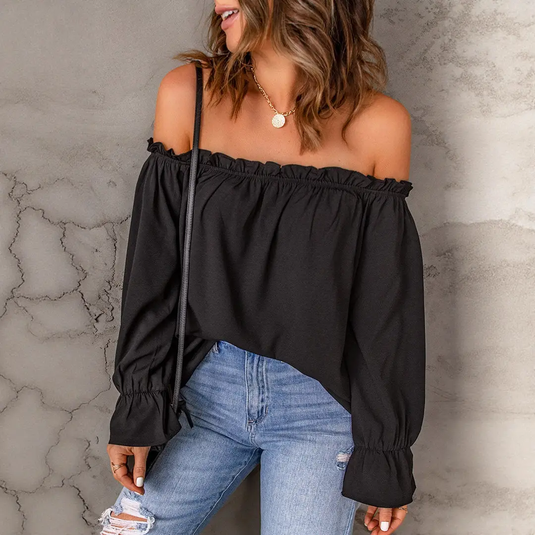 Women Off-Shoulder Chiffon Blouse Solid Color Long Sleeve - Image 3