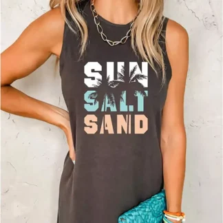 Women Sleeveless Beach Dress Sun Salt Sand Print Black Summer Vacation