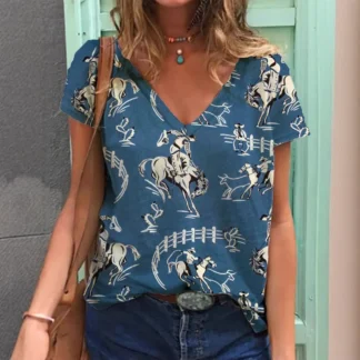 Women Denim V Neck T-Shirt Short Sleeve Stylish Trendy
