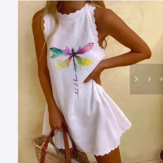 Women Cotton Dragonfly Print Flounce Dress