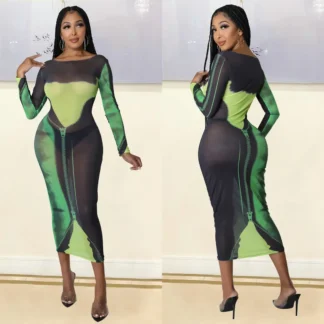 Women Mesh Printed Long Sleeve Dress S-Green Summer