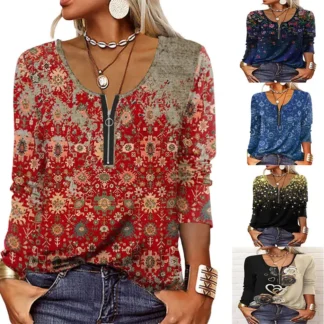 Women Long Sleeve Zipper Printed T-Shirt Red Winter Fashion