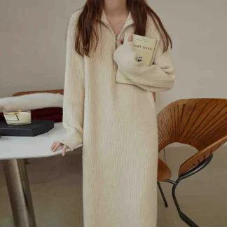 Women Knitted Half-Zip Sweater Dress Creamy White Loose Fit Winter