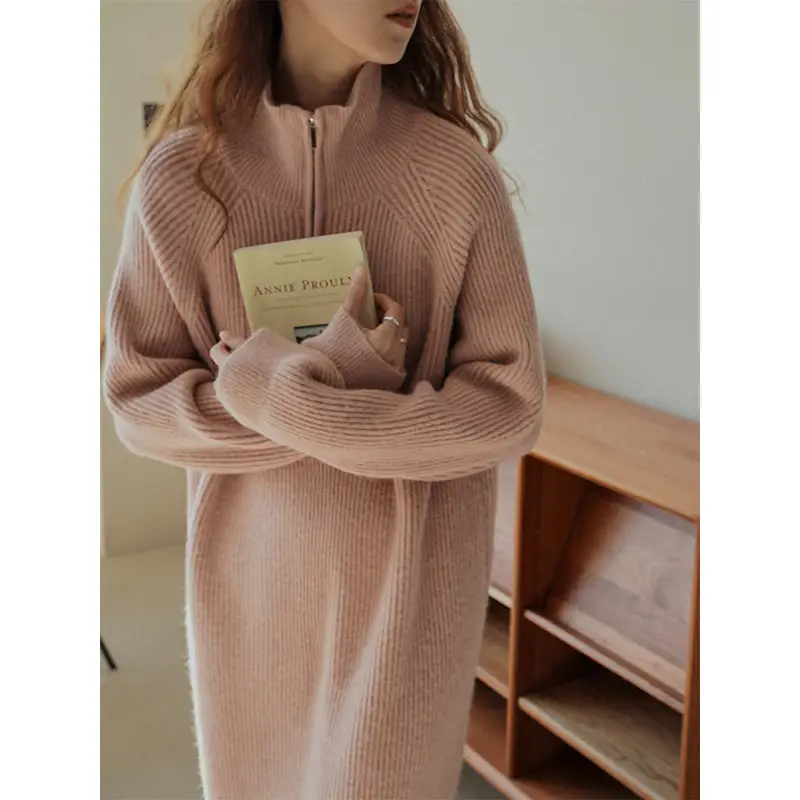 Women Knitted Half-Zip Sweater Dress Creamy White Loose Fit Winter - Image 2