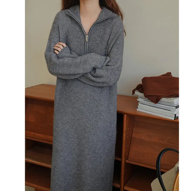 Women Knitted Half-Zip Sweater Dress Creamy White Loose Fit Winter - Image 3
