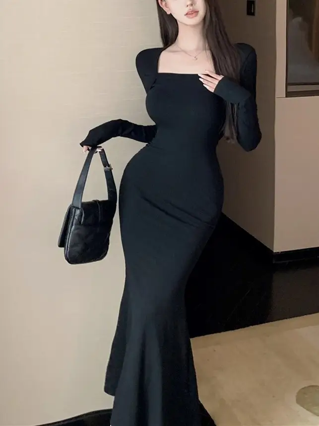 Women's Winter Long Sleeve Slim Fit Fishtail Skirt Dark Gray - Image 3