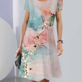 Women Printed Summer Dress Short Sleeve Round Neck Trendy Stylish