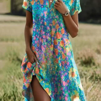 Women Printed V Neck Casual Dress Light Blue Short Sleeve