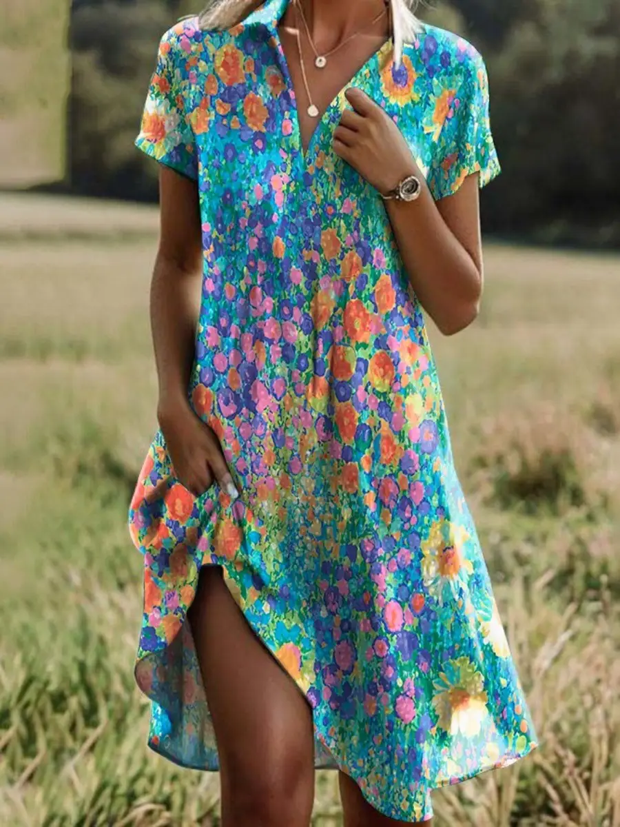 Women Printed V Neck Casual Dress Light Blue Short Sleeve
