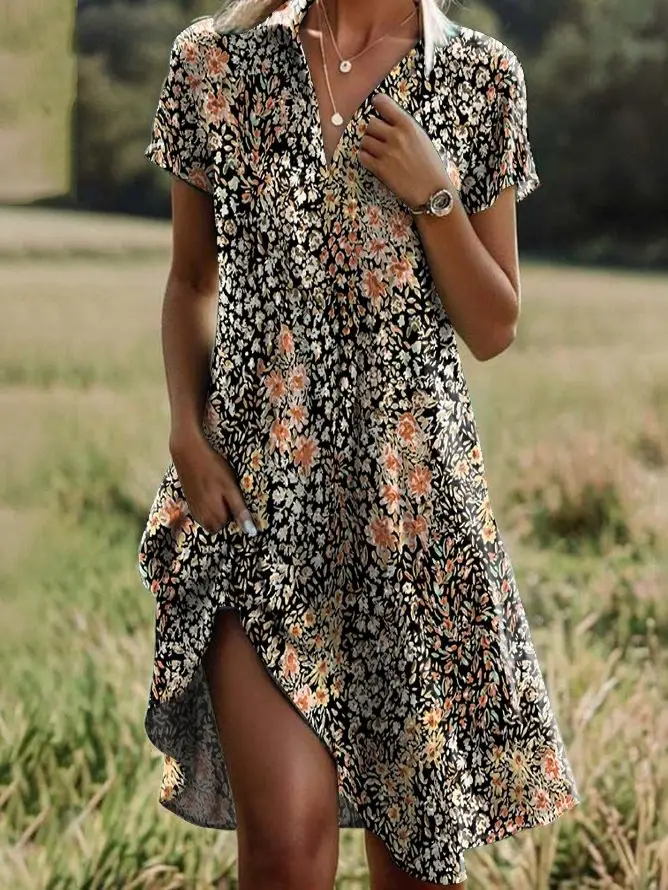 Women Printed V Neck Casual Dress Light Blue Short Sleeve - Image 2