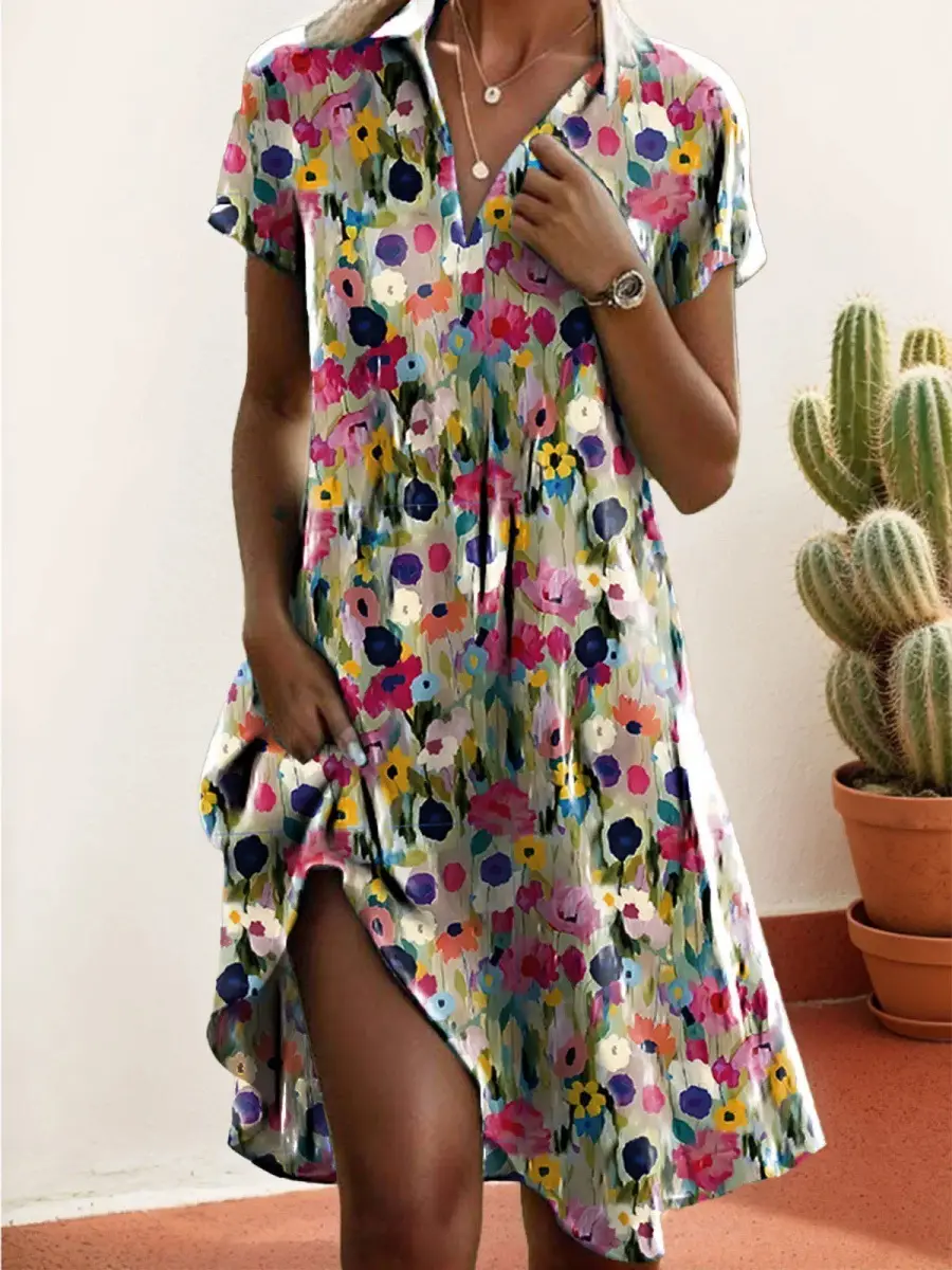 Women Printed V Neck Casual Dress Light Blue Short Sleeve - Image 4