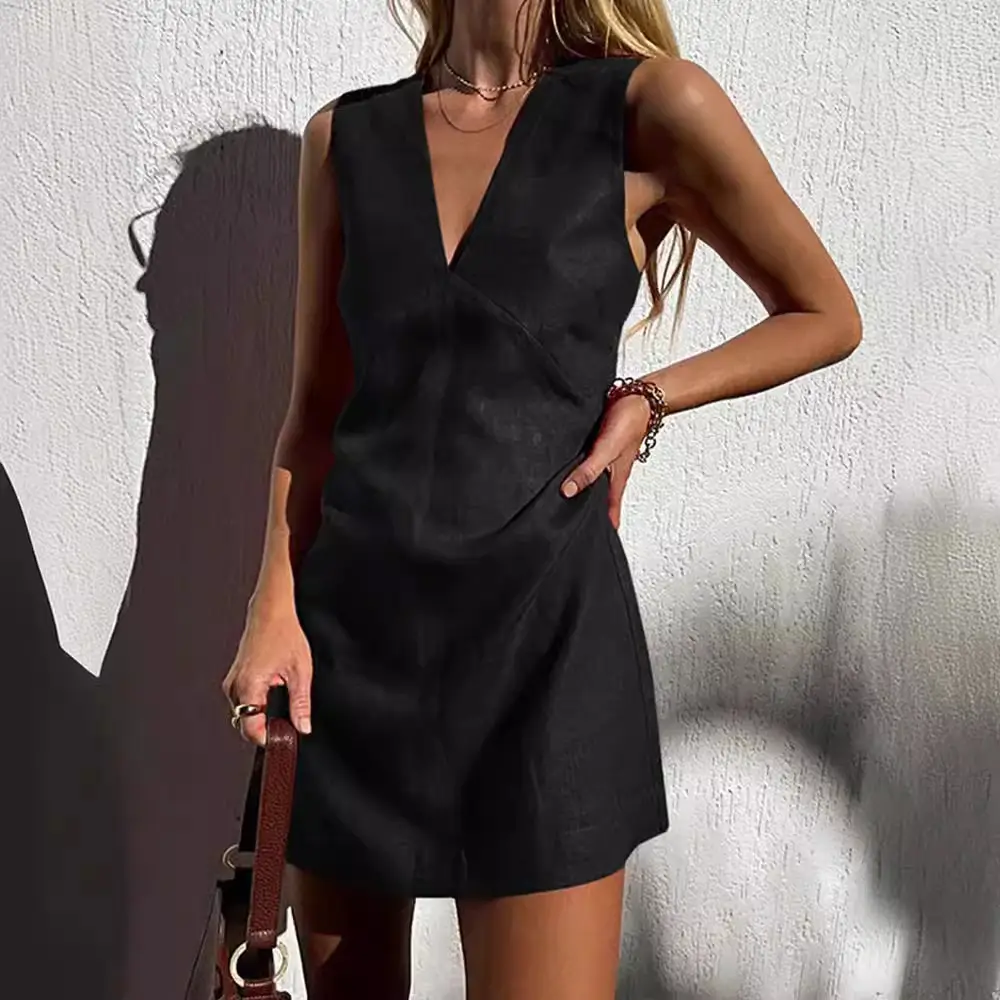 Women V-neck Sleeveless Linen Dress Red Summer Slim Fit - Image 2