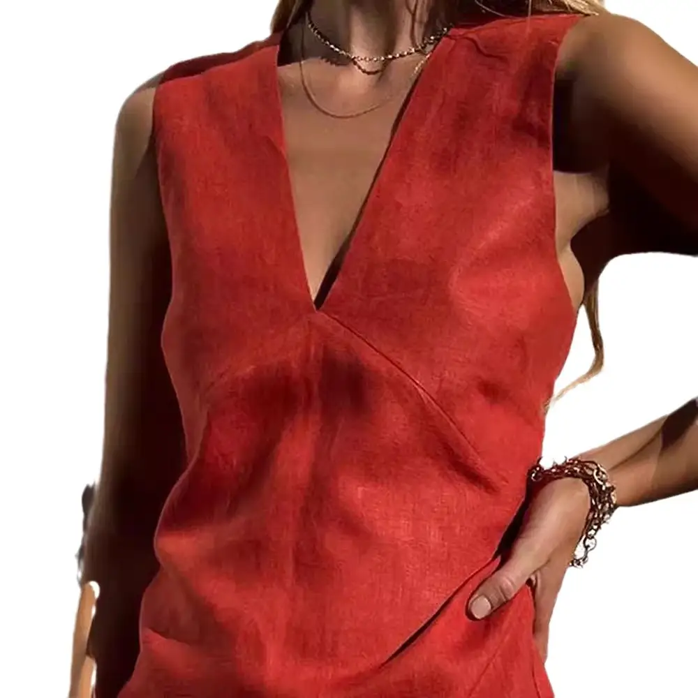 Women V-neck Sleeveless Linen Dress Red Summer Slim Fit - Image 5