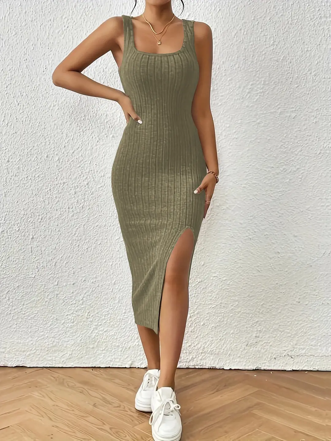 Women Solid Split Thigh Vest Dress Black XS - Image 5