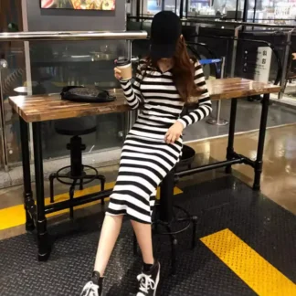 Women Striped Hooded Long Sweatshirt Autumn Slim Fit